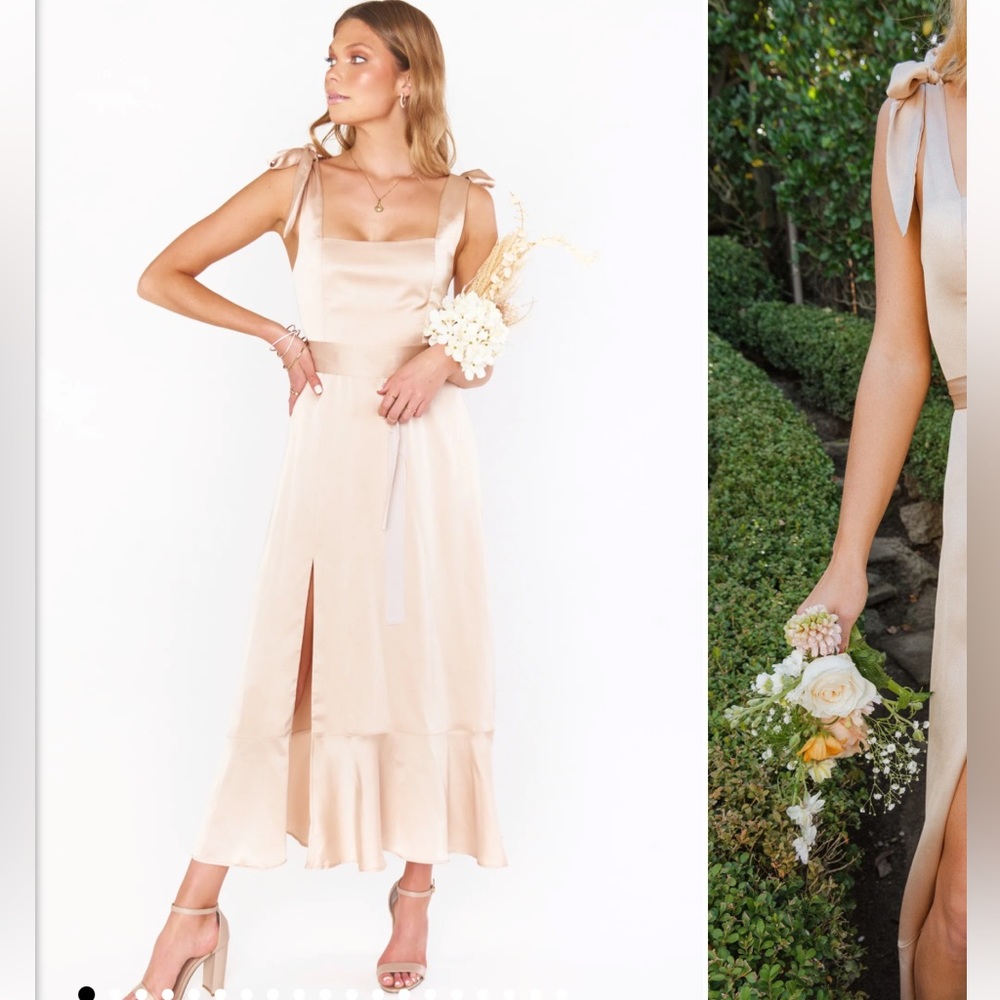 Show Me Your Mumu Claire Midi Dress in “Champagne Luxe Satin”